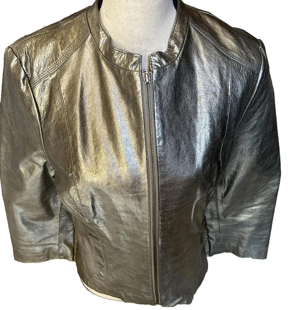 Boston Proper Pewter Genuine Leather NWOT 3/4 Sleeve Zip Sz 8 Fitted